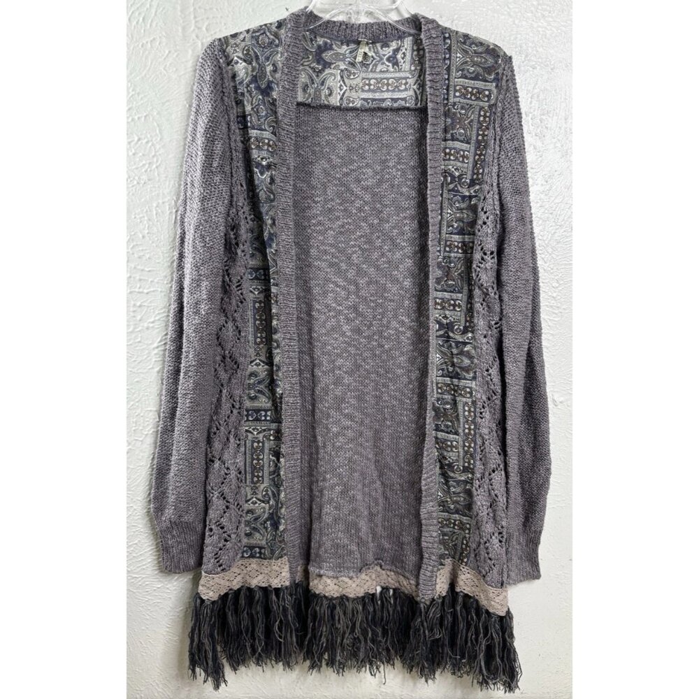 BKE Large Muted Purple Knit Long Cardigan Paisley Fringe Boho Romantic EUC